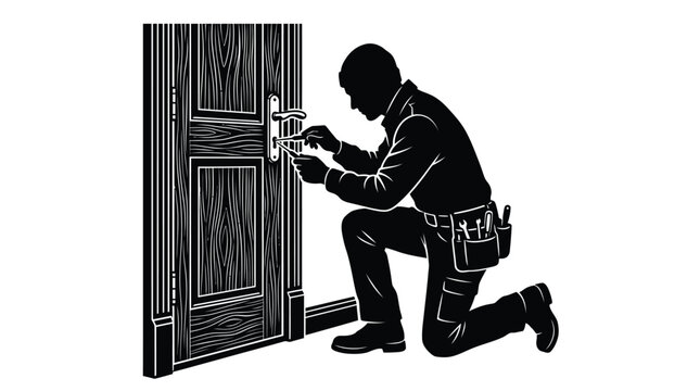 Professional locksmith silhouette kneeling to repair a wooden door lock using small hand tools during a house maintenance job in black and white vector art