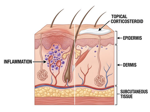 Skin inflammation with topical corticosteroid application on epidermis isolated on white background