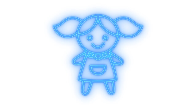 Colorful neon icon of a cute smiling doll with pigtails wearing a dress representing a sweet little girl or toy isolated on transparent background for playful design projects
