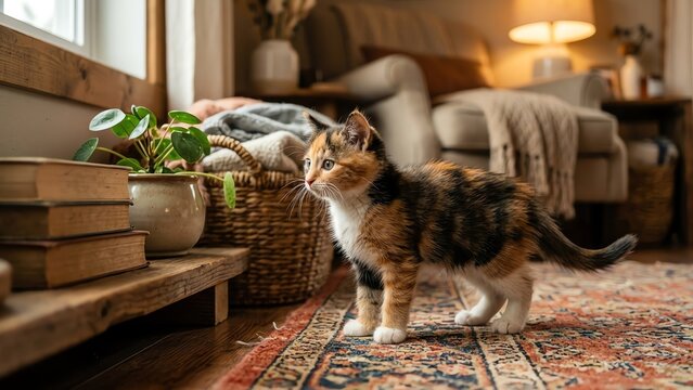 Calico Kitten Exploring a Cozy Living Room Floor