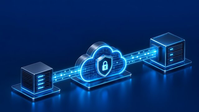 Secure cloud computing concept illustrating encrypted data transfer between physical servers through a protected virtual network