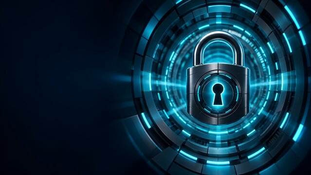 High tech metallic padlock securing a futuristic digital data tunnel representing core encryption and cyber defense