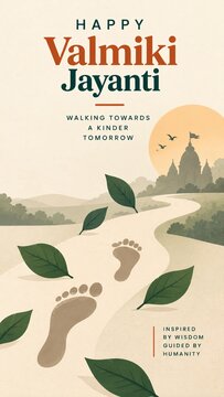 Bare human footprints on sandy path with falling leaves towards sunlit temple silhouette horizon