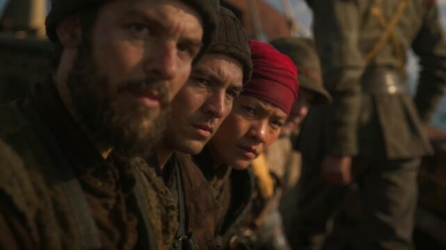 Sailors Watch Horizon From Wooden Ship Deck during Daylight Cinematic Maritime Adventure Scene