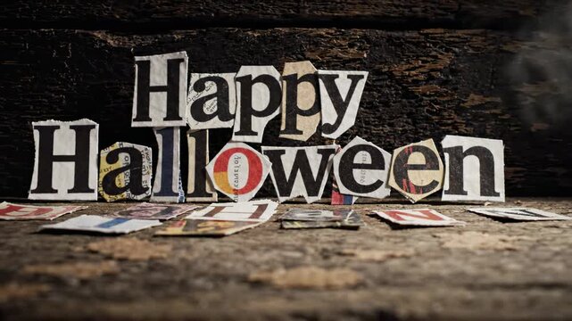 Happy Halloween text ransom note style on dark wooden background for seasonal greeting card design