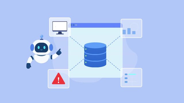 Animated video showing an AI robot beside a central cloud database connected to a computer, analytics chart, warning alert, and data elements, representing digital infrastructure monitoring.