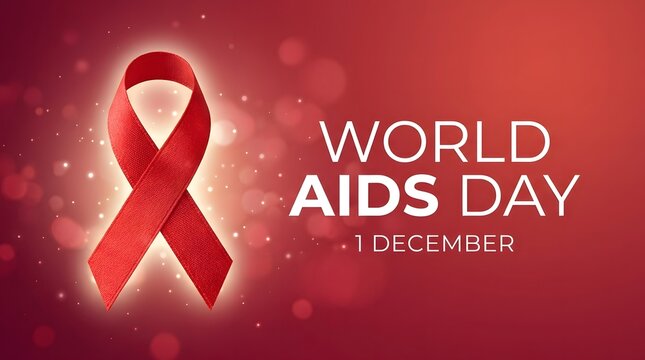 World aids day awareness concept with a red ribbon symbol on a blurred red background with bokeh lights, december 1st