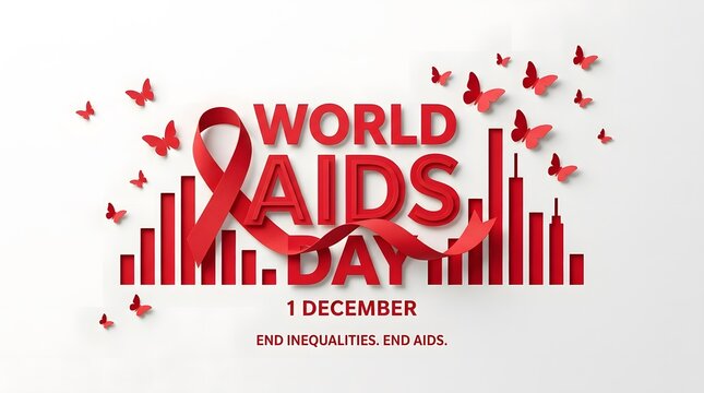 World aids day 1 december awareness concept with red ribbon, paper cut butterflies and bar chart isolated on white background