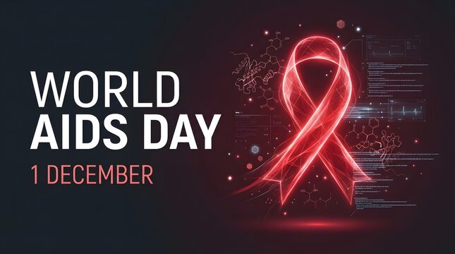 World aids day banner with glowing red awareness ribbon and scientific data elements on a dark background