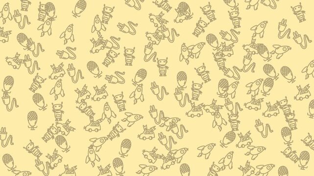 Repeated patterns doodle art cartoon characters rocket ships balloons on yellow background for stationery, childrens books, educational materials, and wallpapers.
