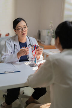 Asian Female Doctor Explaining Kidney and Urinary System Model to Patient in Office