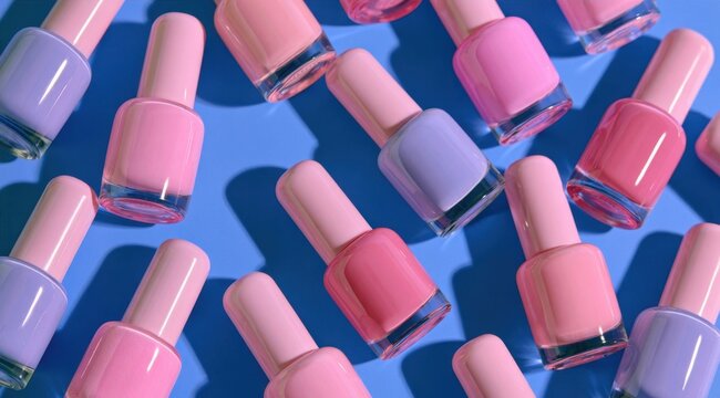 Colorful nail polish bottles arranged on a blue for beauty and fashion themes