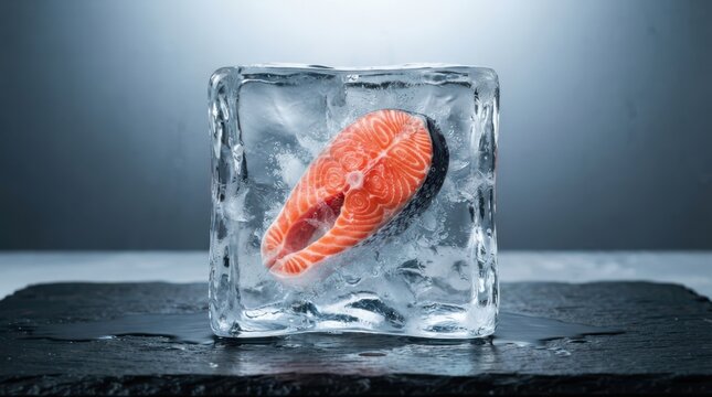 Fresh salmon steak frozen inside a large transparent ice cube