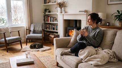 Fototapeta premium Woman relaxing by fireplace with coffee in cozy living room