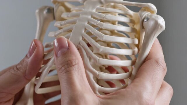 A close-up shot of two hands holding and examining a life-size anatomical human skeleton model, focusing on the rib cage, sternum, spine, and shoulder joint area.