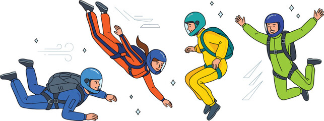 Vector Illustration Set of Diverse Skydivers Freefalling Wearing Helmets and Jumpsuits for Extreme Sports Skydiving Activities and Adventure Graphic Designs © MstAkhlima
