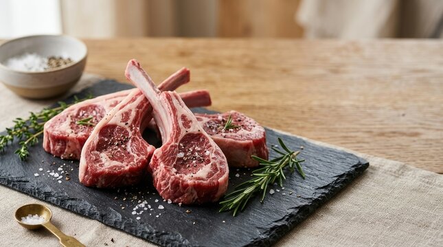 A close-up shot of lamb chops arranged on a dark slate board. The lamb chops are seasoned with salt and pepper and garnished with fresh rosemary and thyme sprigs.