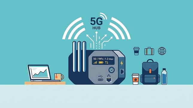 Portable 5G communication hub and power station vector