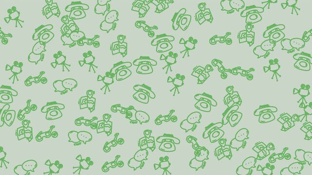 Green retro phone camera motorcycle pattern ideal for wallpapers, collages, or illustrations with a vintage theme. Suitable for digital designs.