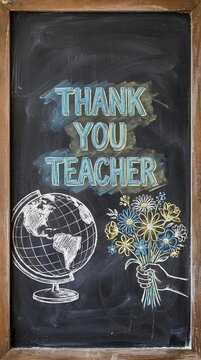 Thank you teacher message with chalk drawings of globe and flowers on chalkboard.