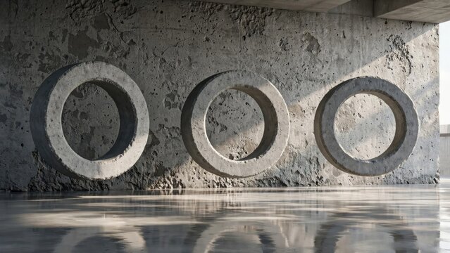 Three Circular Stone Rings on Textured Wall Reflecting in Water.