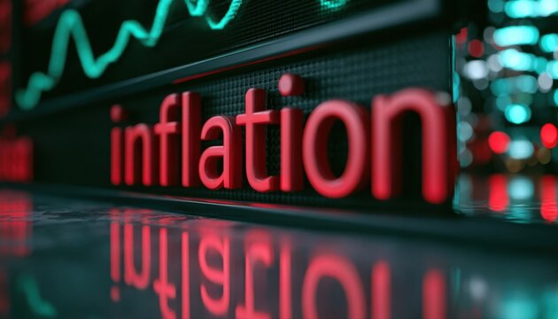 Financial market ticker displaying the word inflation in bright red leds with a rising green graph in the