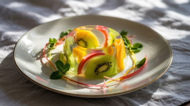  A dessert of international cuisine, Fruit Jelly Cake, which is a transparent sweet jelly containing pieces of fresh fruits and berries, such as kiwi, tangerines, and peaches.