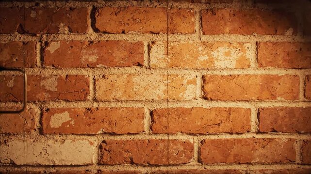 Red weathered brick wall surface showing vintage film grain effect in this looping motion video background for creative professional projects