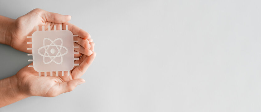 Hands holding quantum chip model, quantum computing, futuristic technology innovation concept