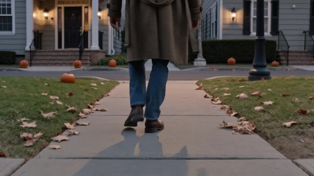 A rear-view tracking shot of a person in a long houndstooth trench coat, jeans, and brown boots, walking down a suburban sidewalk at dusk.