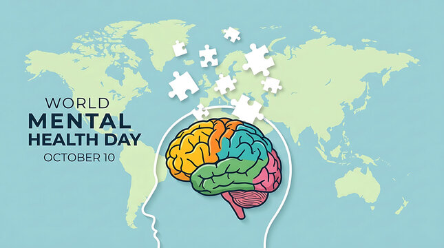 World Mental Health Day concept illustration with brain and world map