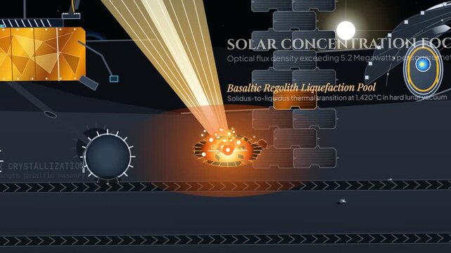 2D animation illustrating lunar regolith sintering using solar concentration by an autonomous rover to build interlocking protective habitat shield walls for in situ resource utilization on the moon
