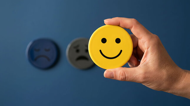 Person holding yellow smiling emoticon face sculpture against blue feedback wall