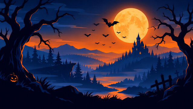 Spooky Halloween Forest with Full Moon and Bats
