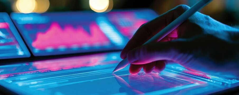 Hand using stylus on glowing digital tablet interface with neon blue and pink data visualization