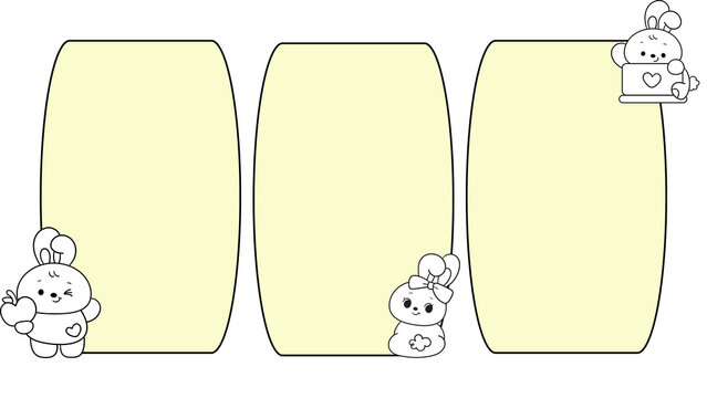 Sweet set of hand-drawn frames with charming cartoon bunnies peeking around soft yellow borders, ideal templates for children's designs, notes, and versatile scrapbooking