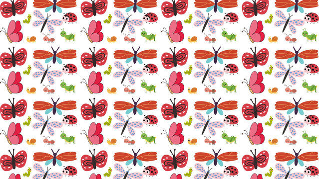 Cute insect pattern with colorful butterflies and ladybugs, whimsical garden bug wallpaper, red and pink butterfly repeat background for nursery decor