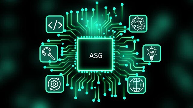 A glowing neon ASG concept surrounded by smaller icons for ai. agentic icon surrounded by smaller icons for ai and manufacturing process management.