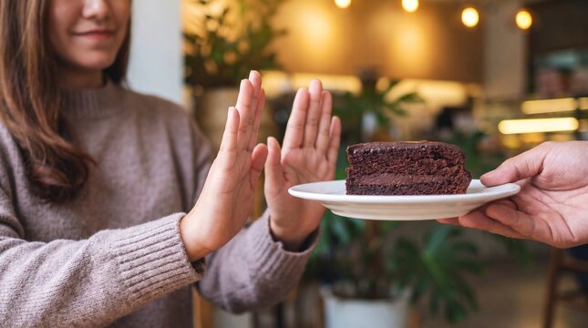 A woman gesturing with both open hands to reject a slice of chocolate cake being offered to her on a white plate, symbolizing self-control, dieting, or avoiding sugar and unhealthy foods.
