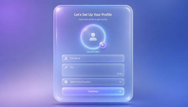 3D Frosted Glass User Profile Setup Form UI
