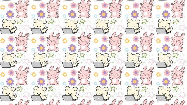 Kawaii seamless pattern with cute animals, pastel pink bunny and bear characters, whimsical hand-drawn doodle background for nursery wallpaper
