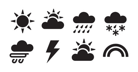 Obraz premium Set of black climate icons representing sun clouds rain snow lightning and rainbow for weather forecasting.