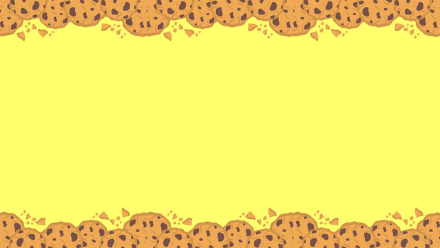 Chocolate chip cookie border on yellow background, sweet biscuit frame for bakery menu, delicious snack pattern with copy space