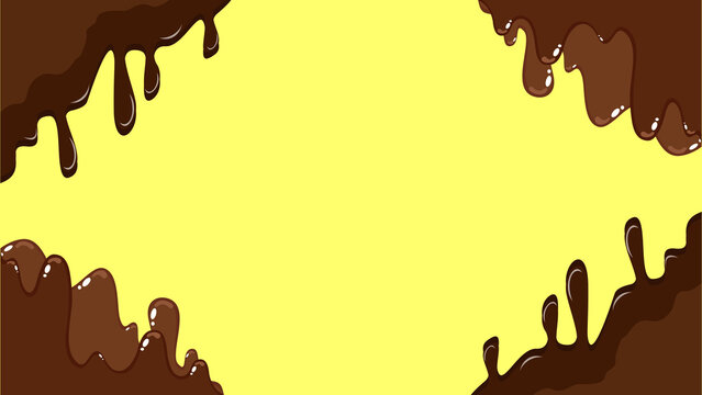 Melting dark chocolate drips on yellow background, liquid cocoa border frame, sweet food illustration for dessert menu or bakery marketing