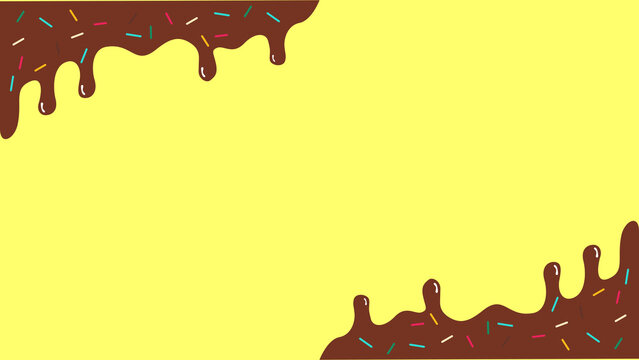 Chocolate glaze dripping with colorful sprinkles on yellow background, sweet donut frosting border, melting cocoa cream frame for dessert menu