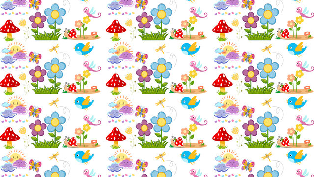 Whimsical garden seamless pattern, cute cartoon flowers and mushrooms on white background, playful nature illustration for nursery wallpaper