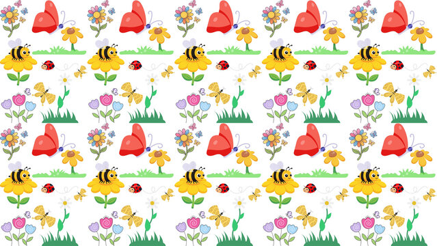 Spring garden seamless pattern with butterflies and bees, colorful floral wallpaper with insects and flowers, cute nature background for textile design