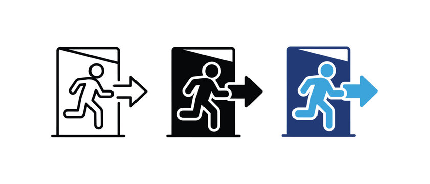 Emergency exit door running person arrow evacuation safety escape icon set. Vector illustration