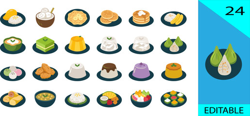 Fototapeta premium Set of 24 Thai Filipino dessert icons mango sticky rice kuih panna cotta buko halo editable vector