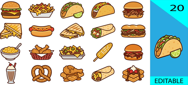 Set of 20 fast food icons burger taco loaded fries hot dog quesadilla nachos cartoon editable vector